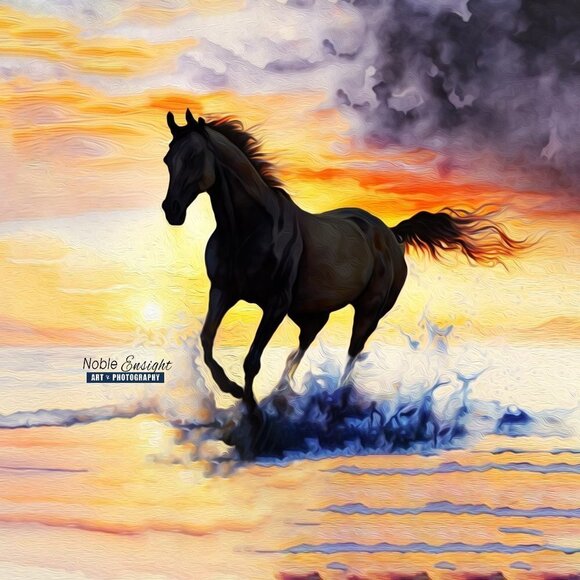 8x10 Horse Galloping On‎ The Beach Sunset Watercolor Oil Painting Print - Picture 4 of 6